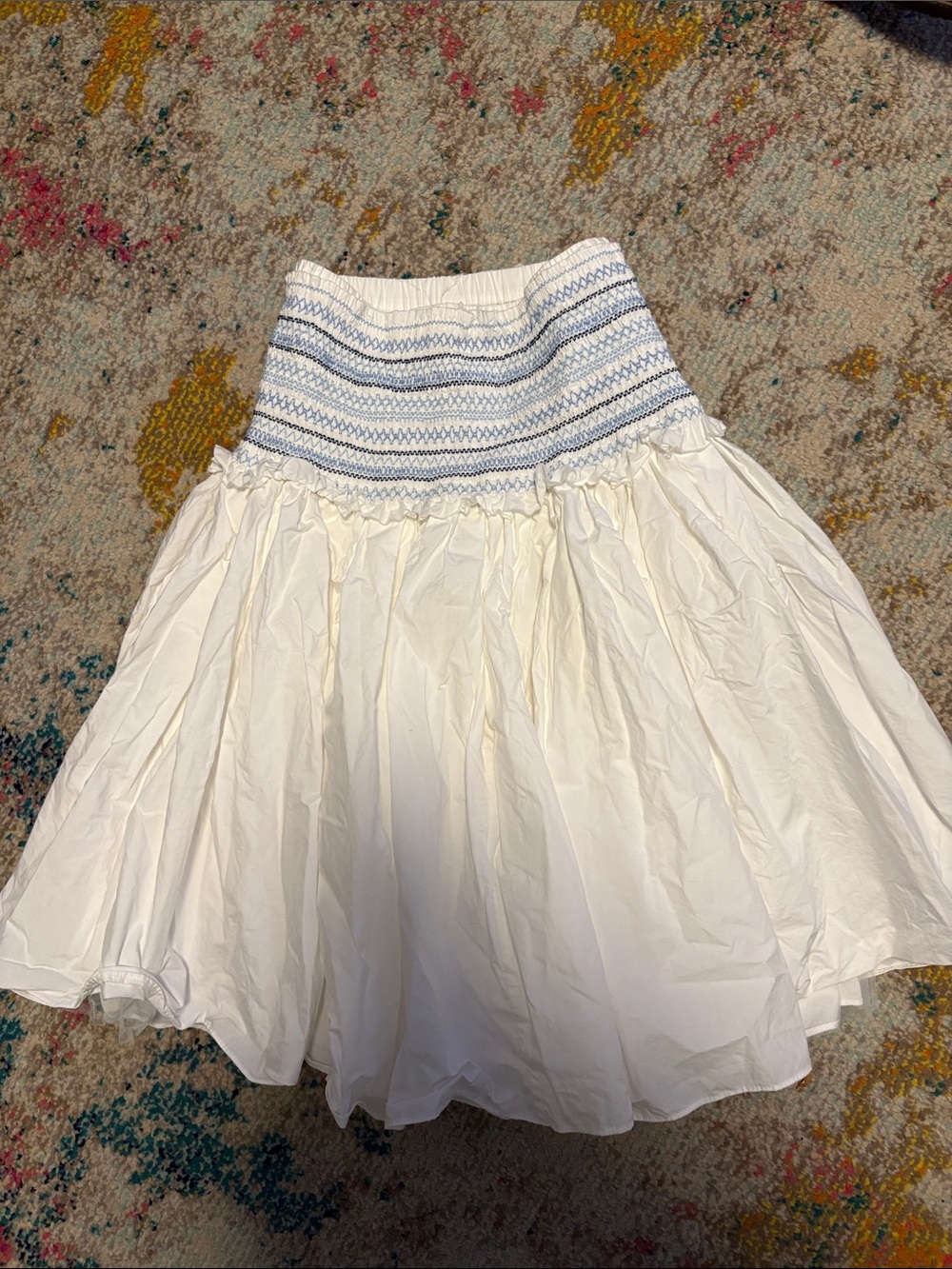 White Smocked Waist Cotton A-Line Skirt